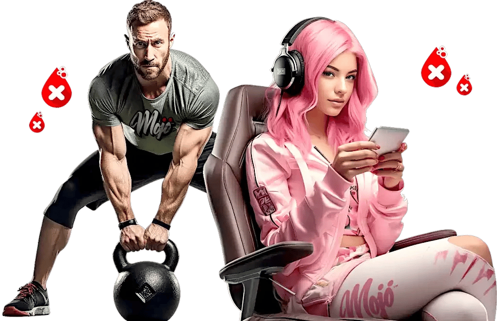 Mojo eşofman takımında kettlebell kaldıran erkek ve oyuncu kız