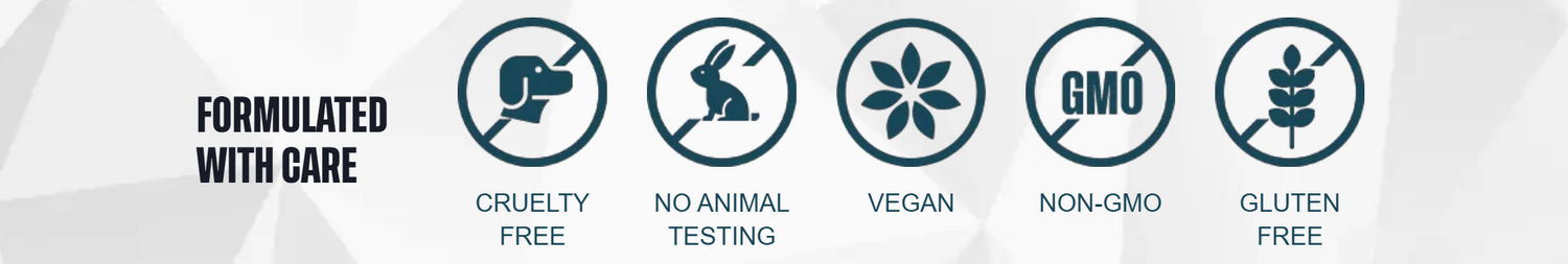 Özenle formüle edilmiş — hayvan testine karşı, hayvan ürünü içermeyen, vegan, genetiği değiştirilmemiş, glütensiz