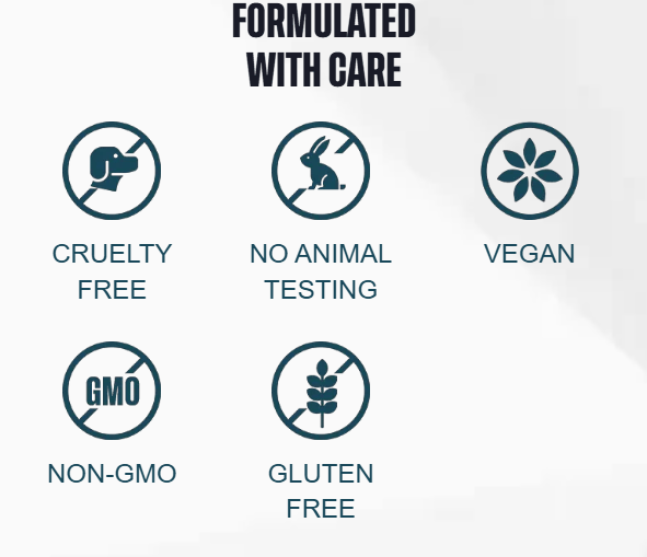 Özenle formüle edilmiş — hayvan testine karşı, hayvan ürünü içermeyen, vegan, genetiği değiştirilmemiş, glütensiz