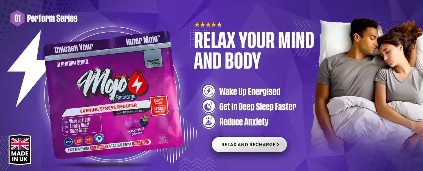 Mojo Recharge akşam stres giderici — zihninizi ve bedeninizi rahatlayın: enerjili uyanın, derin uykuya daha çabuk dalın, kaygıyı azaltın. Rahatla ve yeniden şarj ol.